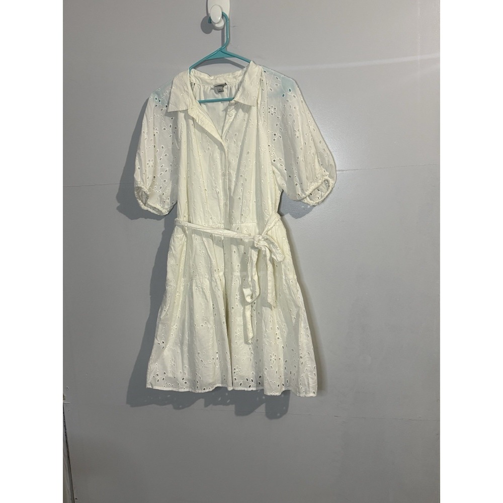 A New Day Size L 100% Cotton Eyelet Puffed Balloon Sleeves Belted Lined Dress